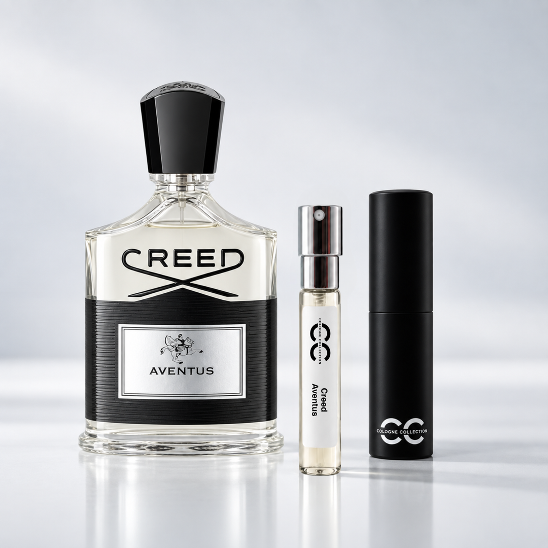 Creed Aventus perfume bottle with 10ml fragrance sample and Cologne Collection travel atomiser