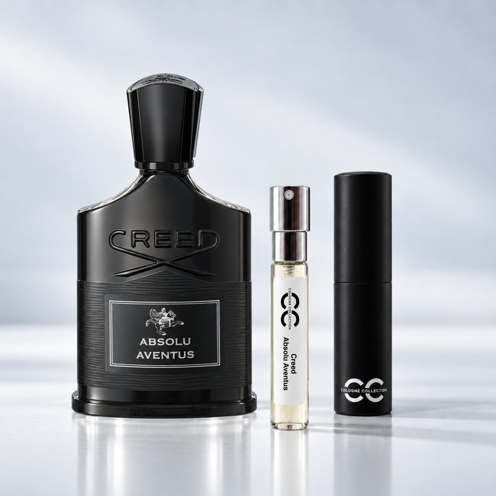 Creed Absolu Aventus perfume bottle with 10ml fragrance sample and Cologne Collection travel atomiser