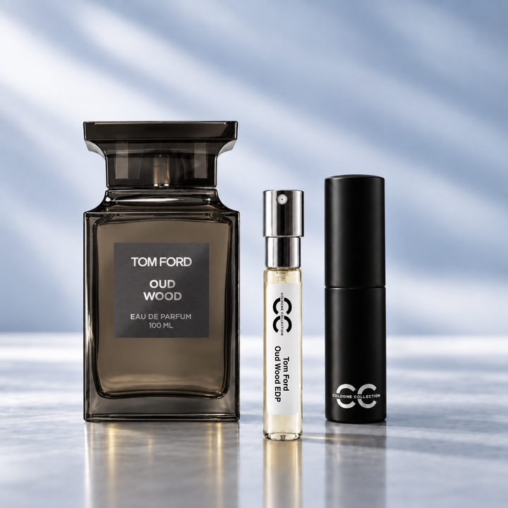 Tom Ford Oud Wood perfume bottle with 10ml fragrance sample and Cologne Collection travel atomiser
