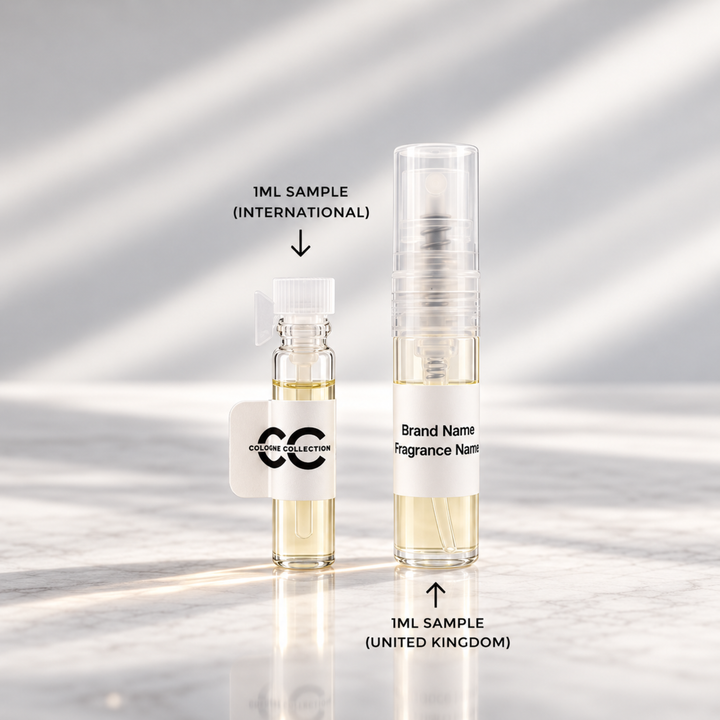 Two 1ml fragrance sample vials on a glossy white surface with soft diagonal shadows. One small clear vial has a white cap and a white label reading &